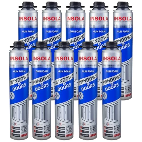 Bauschaum 750ml Pistollenschaum PU-Schaum Montageschaum INSOLA Windows & Doors Isolierschaum für Fenster Türen Fugen Abdichtung Wärmeisolierung Innen Außen Bau (10, 750, Dose) von INSOLA