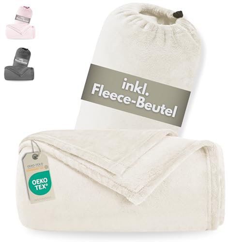 INSPINOVIA Microfaser Fleece Decke 150 x 200 cm mit Tasche | Kuscheldecke | Wohndecke | Sofadecke | Reisedecke | Oeko Tex Standard 100 (Beige) von INSPINOVIA