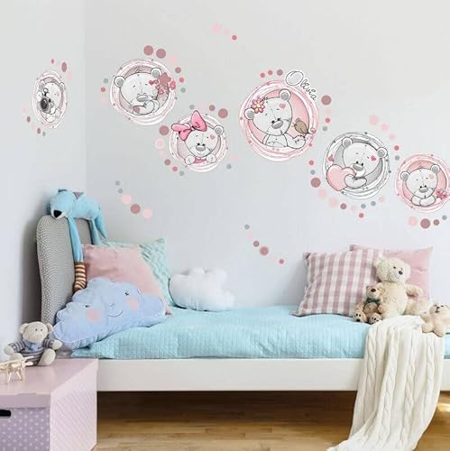 INSPIO Wandtattoo personalisiert Rosa Teddybären mit Wunschname Wandtattoo für Babyzimmer Wandsticker Bär Punkte Kinderzimmer Wandaufkleber Teddy Wandbilder Tiere Deko Mädchen Kinder Wanddekoration von INSPIO