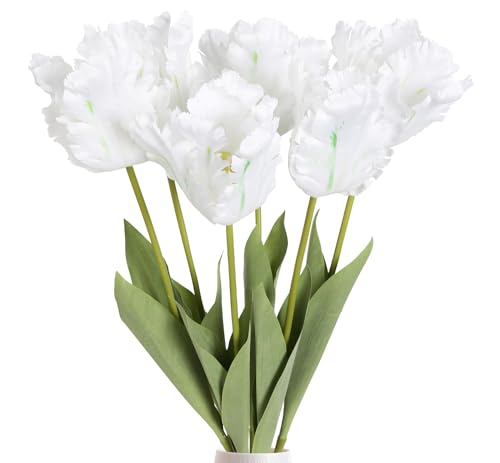 INSUNSIX Künstliche Tulpen, 6 Stück, weiße Papageientulpen, 67 cm, Seidentulpen, 1 Stiel, künstliche Tulpen für Hochzeit, Party, Büro, Heimdekoration (weiß) von INSUNSIX