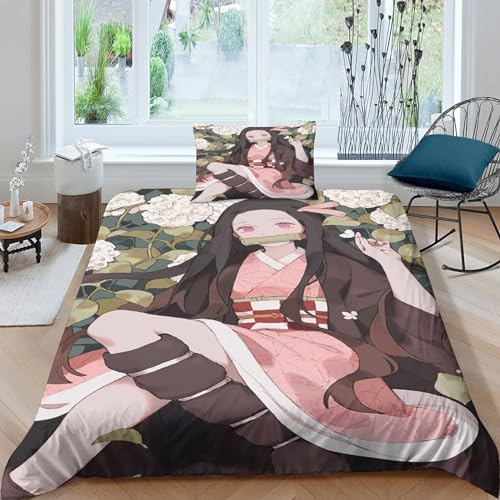 INTCHE Nezuko Kamado 3D Bettdecke Set Demon Slayer Bettwäsche Bettbezug-Set Mit Kissenbezug Reißveschluss Bettbezüge Weicher Atmungsaktiver Für Baby Junge Mädchen Single（135x200cm） von INTCHE