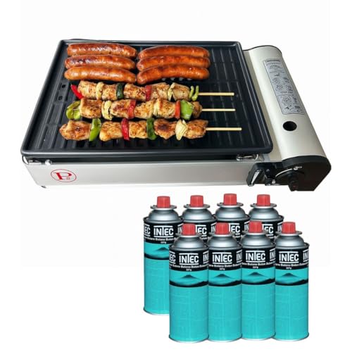Gasgrill 1900 W + 8 Gaskartuschen Piezo-Zündung + Fettauffangschale Camping COOK160 von INTEC