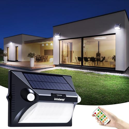 INTELAMP Solarlampen für Außen, 4 Modi Solar Lampe Outdoor mit Bewegungsmelder, IP65 Solar Sicherheitswandleuchte, Helligkeits per Fernbedienung für Garage Yards Lights von INTELAMP