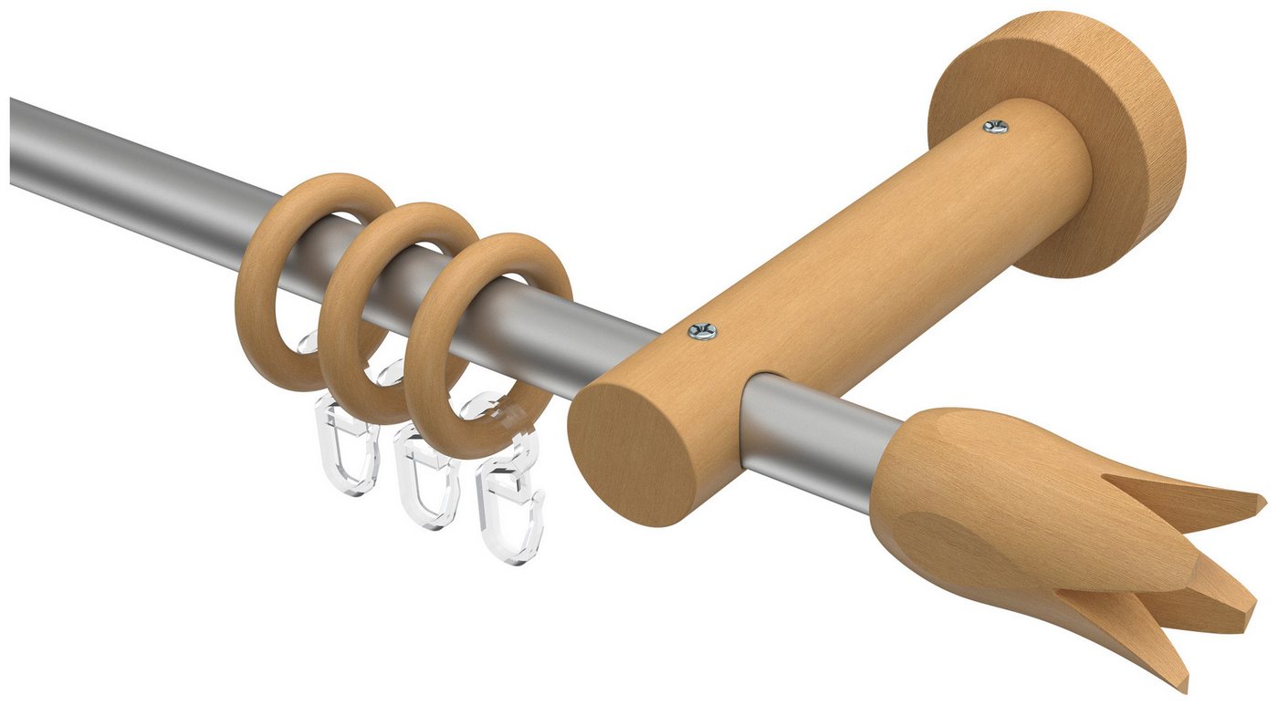 INTERDECO Gardinenstange Adrian Flower, Ø 16 mm, 1-läufig, Fixmaß, kürzbar, Wandmontage, Deckenmontage, Metall, Silbergrau / Buche / Bicolor von INTERDECO