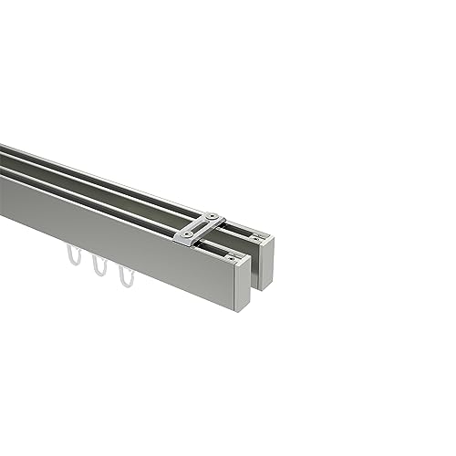 Interdeco Innenlaufstange/Gardinenstange mit Innenlauf (Deckenbefestigung) eckig Edelstahl Optik/Weiß 2-läufig Typ 10212817, 320 cm von INTERDECO