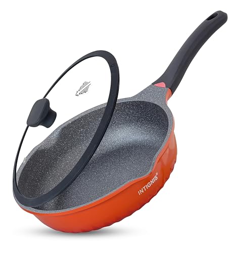 INTIGNIS Bratpfanne Anti-Scratch Glasdeckel - 28cm / 30 cm tiefe Sauteuse, deutsche Greblon Steinbeschichtung - Induktionspfanne chemiefrei (Orange, 28) von INTIGNIS