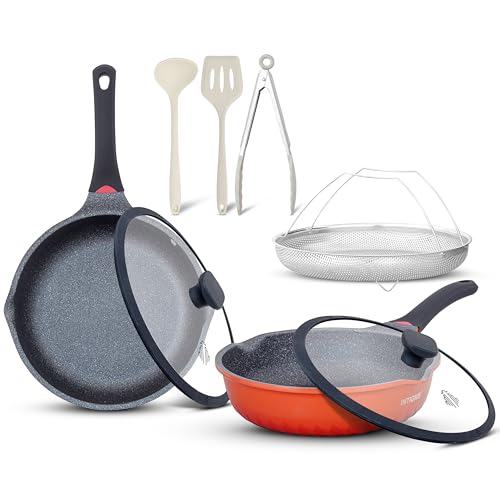 INTIGNIS® 10-teiliges Antihaft-Kochgeschirr-Set, tiefe Bratpfannen (28 cm + 24/30 cm), GREBLON® Keramikbeschichtung, Induktionskompatibel, kratzfestes Aluminium, Hitzesensor-Griff, Utensilien von INTIGNIS