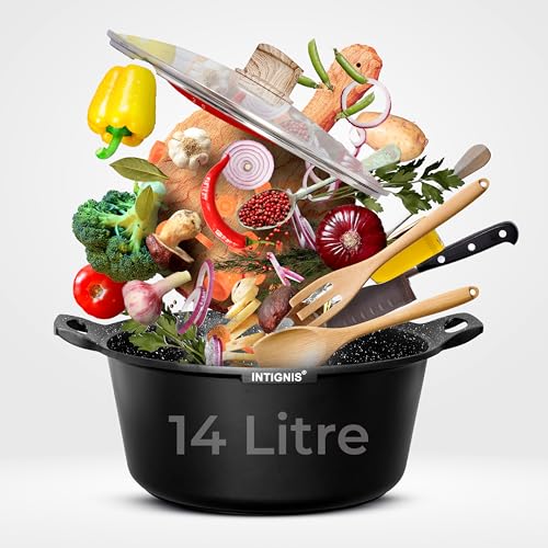 INTIGNIS® Greblon Schmortopf mit Deckel, groß, 36 cm, 14 l, Induktionsgeeignet, Keramik, Antihaftbeschichtung, chemikalienfrei, Schwarz von INTIGNIS