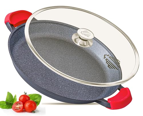 INTIGNIS® 36 cm Paellapfanne mit Glasdeckel • GREBLON® Keramik-Antihaft • Für alle Herdarten inkl. Induktion • Spül- & Ofenfest • Geschenkverpackung • Für 6–8 Personen (Schwarz, 36 CM) von INTIGNIS