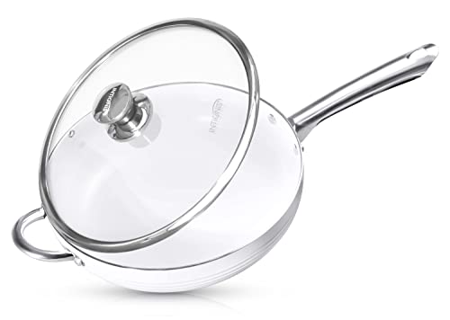 Bratpfanne 28cm Induktion mit Glasdeckel, hoher Rand, Ceramic Reinfoce chemiefreie Antihaftbeschichtung, ofenfester Glasdeckel (28 cm, Weiß) von INTIGNIS