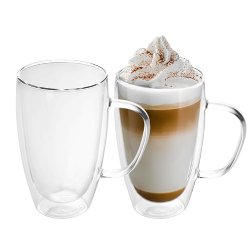 INTIRILIFE 2X Doppelwandige Thermo Gläser Set -400-500ml- Mundgeblasen isoliert für Espresso Cappuccino, Teegläser Kaffeegläser Latte Macchiato Tassen, Schwebeeffekt mit Henkel von INTIRILIFE