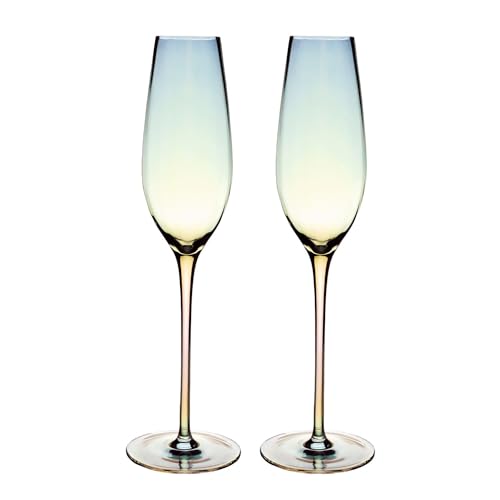 INTIRILIFE 2x Champagner Glas mit Regenbogen Schimmer und Wellenform - 200 ml Füllmenge - Sekt Prosecco Glas Spülmaschinenfest Kristallglas stoßfest von INTIRILIFE