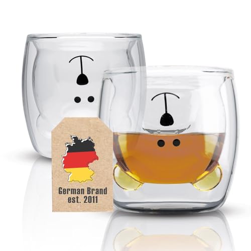 INTIRILIFE 2X Doppelwandiges Thermo Glas Set in 230 ml im Bären Design - Mundgeblasen isoliert für Latte Macchiato, als Teeglas oder Kaffeeglas ohne Henkel von INTIRILIFE