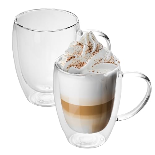 INTIRILIFE 2x Doppelwandiges Thermo Glas Set in 300-350ml - Mundgeblasen isoliert für Latte Macchiato, als Teeglas oder Kaffeeglas mit Henkel von INTIRILIFE