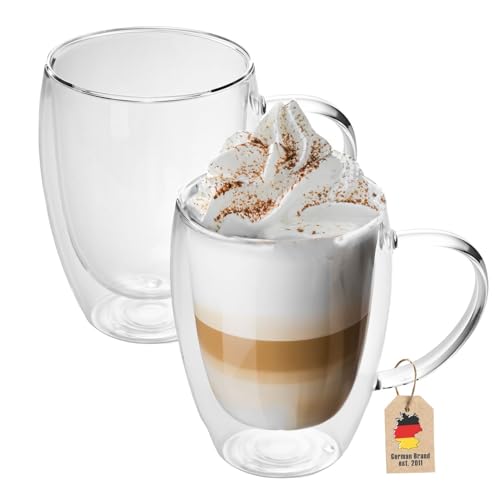 INTIRILIFE 2X Doppelwandige Thermo Gläser Set -250-300ml- Mundgeblasen isoliert für Espresso Cappuccino, Teegläser Kaffeegläser Latte Macchiato Tassen, Schwebeeffekt mit Henkel von INTIRILIFE