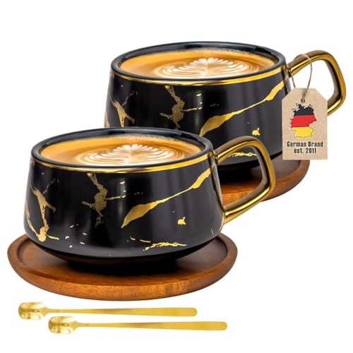 INTIRILIFE Tassen Set 2er – Keramiktassen im Marmor Design Schwarz mit Gold – 200 ml bis 300 ml – Kaffeetassen mit Holzuntersetzer– Teetassen Geschenkidee für Kaffee Tee Kakao Milch-Trinkbecher von INTIRILIFE