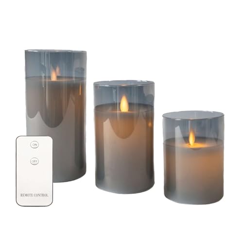 INTIRILIFE 3x Kerzen flammenlose LED Kerzen aus Wachs im Glas in Smoky Grau - 7.4 x 15/12.5/10 cm - Stumpenkerze mit Fernbedienung batteriebetrieben Deko Idee INTIRILIFE 3x Kerzen flammenlose LED Kerzen aus Wachs im Glas in Smoky Grau - 7.4 x 15/12.5/10 cm - Stumpenkerze mit Fernbedienung batteriebetrieben Deko Idee von INTIRILIFE