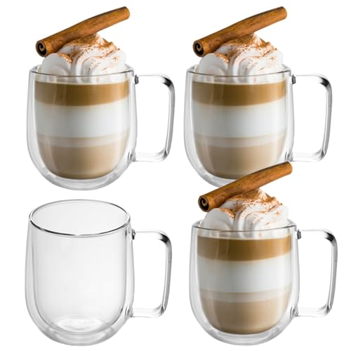 INTIRILIFE 4X Doppelwandiges Thermo Glas Set in 200 ml - Mundgeblasen isoliert für Latte Macchiato, als Teeglas oder Kaffeeglas mit Henkel von INTIRILIFE