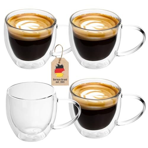INTIRILIFE 4X Doppelwandige Thermo Gläser Set -200-250ml- Mundgeblasen isoliert für Espresso Cappuccino, Teegläser Kaffeegläser Latte Macchiato Tassen, Schwebeeffekt mit Henkel von INTIRILIFE