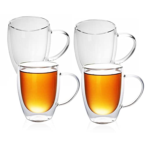 INTIRILIFE 4x Doppelwandiges Thermo Glas Set in 300-350ml - Mundgeblasen isoliert für Latte Macchiato, als Teeglas oder Kaffeeglas mit Henkel von INTIRILIFE