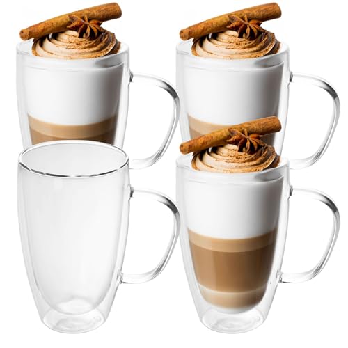 INTIRILIFE 4X Doppelwandiges Thermo Glas Set in 400-450ml - Mundgeblasen isoliert für Latte Macchiato, als Teeglas oder Kaffeeglas mit Henkel von INTIRILIFE