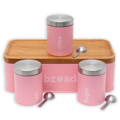 INTIRILIFE Brotbox Brotkasten mit Deckel 3 Gewürzdosen und 3 Löffel in Rosa - 42.2 x 22.6 x 13.9 cm - Aufbewahrungs Box Korb Behälter für Brot Brötchen Gebäck von INTIRILIFE