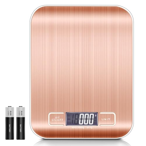 INTIRILIFE Digitale Küchenwaage in ROSÉ Gold - 20.5 x 16.5 x 3 cm - 5kg Elektronische Waage für die Küche mit Tara Funktion - Extrem Präzise Küchen-Digitalwaage mit LCD-Display ideal zum Kochen von INTIRILIFE