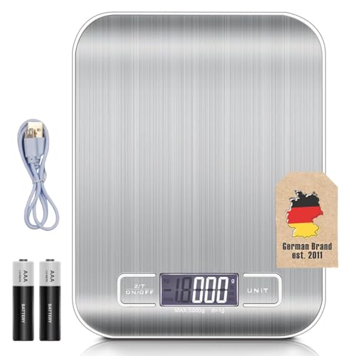 Intirilife Digitale Küchenwaage 5 kg -Silber- Wiederaufladbar per USB & Batteriebetrieb- Elektronische Waage mit Tara Funktion- Präzise Küchen Digitalwaage mit LCD-Display zum Backen,Kochen, 1g von INTIRILIFE