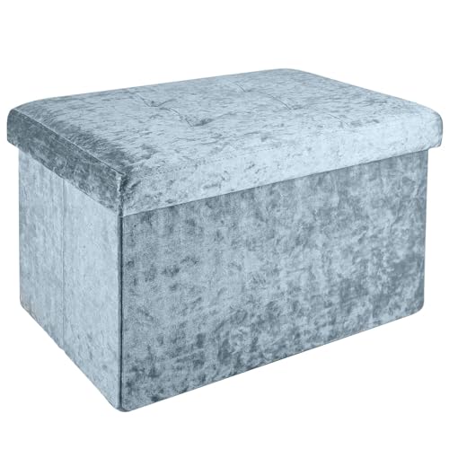INTIRILIFE Faltbare Sitzbank 49x30x30cm in Samt Blaugrau - Sitzwürfel mit Stauraum und Deckel mit Samtbezug - Sitzcube Fußablage klappbare Aufbewahrungsbox Truhe Hocker von INTIRILIFE