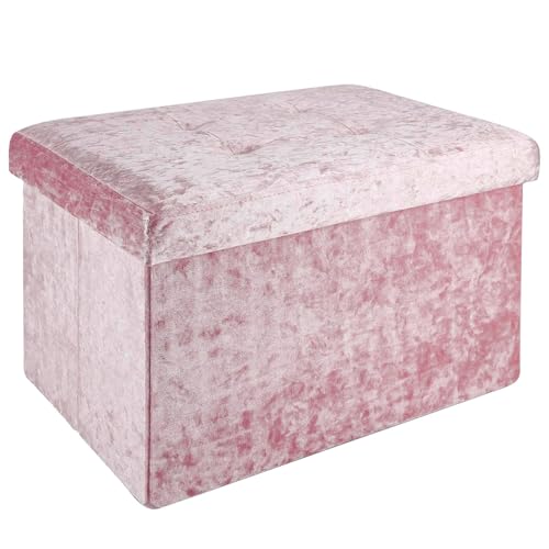 INTIRILIFE Faltbare Sitzbank 49x30x30cm in Samt Rosé - Sitzwürfel mit Stauraum und Deckel mit Samtbezug - Sitzcube Fußablage klappbare Aufbewahrungsbox Truhe Hocker von INTIRILIFE
