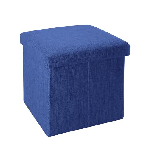 INTIRILIFE Faltbarer Sitzhocker 30x30x30 cm in Meer BLAU - Sitzwürfel mit Stauraum und Deckel aus Stoff in Leinen Optik - Sitzcube Fußablage Aufbewahrungsbox Truhe Sitzbank von INTIRILIFE