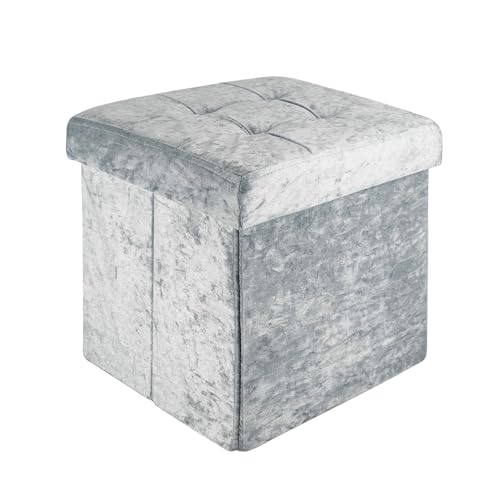 INTIRILIFE Faltbare Sitzhocker 30x30x30 cm in Samt Blaugrau - Sitzwürfel mit Deckel und Stauraum aus Stoff mit Mulden - Sitzcube Fußablage klappbare Aufbewahrungsbox Truhe Sitzhocker von INTIRILIFE