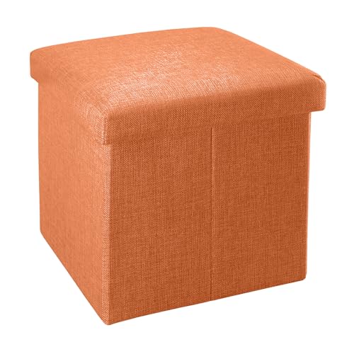 INTIRILIFE Faltbarer Sitzhocker 38x38x38 cm in MANDARINEN ORANGE - Sitzwürfel mit Stauraum und Deckel aus Stoff in Leinen Optik - Sitzcube Fußablage Aufbewahrungsbox Truhe Sitzbank von INTIRILIFE