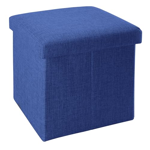 INTIRILIFE Faltbarer Sitzhocker 38x38x38 cm in Meer BLAU - Sitzwürfel mit Stauraum und Deckel aus Stoff in Leinen Optik - Sitzcube Fußablage Aufbewahrungsbox Truhe Sitzbank von INTIRILIFE