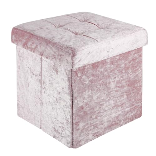 INTIRILIFE Faltbarer Sitzhocker 38x38x38 cm in Samt Rosé - Sitzwürfel mit Stauraum und Deckel mit Samtbezug- Sitzcube Fußablage Aufbewahrungsbox Truhe Sitzbank von INTIRILIFE
