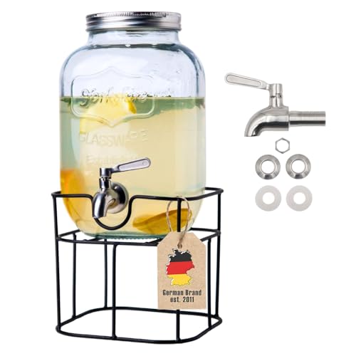 Intirilife Getränkespender 4 Liter aus Glas mit Zapfhahn aus Edelstahl und Gestell - 17 x 36 cm - Wasserspender Saftspender Limonadenspender Glasbehälter für Getränke, Metallhahn von INTIRILIFE