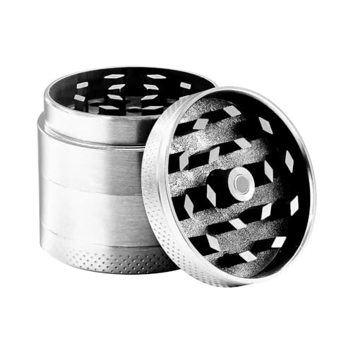 INTIRILIFE Grinder in METALLIC Silber - 4 x 4 cm - 4-teiliger Küchen Crusher aus Metall zum Zerkleinern und Schreddern von Kräutern Gewürzen Tabak Pflanzen Teeblätter mit Pollen Filter und Schaber von INTIRILIFE