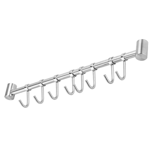 INTIRILIFE Hängeleiste für die Küche aus Edelstahl mit 8 beweglichen Haken zum Bohren - 47.7 x 3.4 x 2.2 cm - Küchen Reling Hakenleiste Halter Küchen Utensilien Stange Tassenhalter Wandhalterung von INTIRILIFE