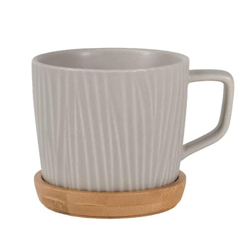 INTIRILIFE Kaffeetasse mit nordischen Rillen Muster in Grau - 230 ml Füllmenge - Teetasse aus Keramik mit Holz Untersetzer von INTIRILIFE