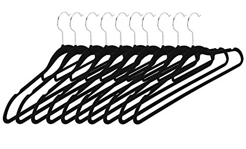 INTIRILIFE Kleiderbügel in SAMT SCHWARZ - 10 Stück platzsparende Kleiderbügel aus Kunststoff und Metall mit rutschfestem Samtüberzug und Hosenstange - Garderobenbügel Wäschebügel Anzugbügel von INTIRILIFE