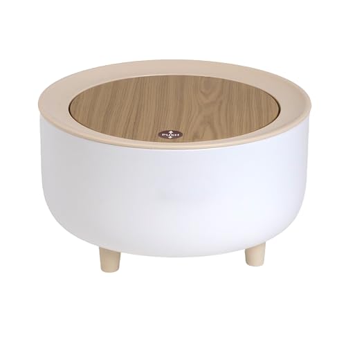 INTIRILIFE Kosmetikeimer flacher Mülleimer in Weiß mit beiger Abdeckung und Bambus-Optik - 19.3 x 10.7 cm - Tischeimer mit Druckknopföffnung für Bad Büro Küche Mini Tischabfalleimer mit Kratzschutz von INTIRILIFE