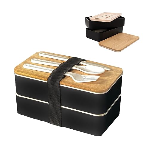 INTIRILIFE Lunch Box Bento Box mit 3 Fächern und Besteck in Schwarz - 18.5. x 10.5 x 9.3 cm - Brotdose für Erwachsene und Kinder für Schule und Arbeit sicher verschließbar mit Messer Gabel und Löffel von INTIRILIFE