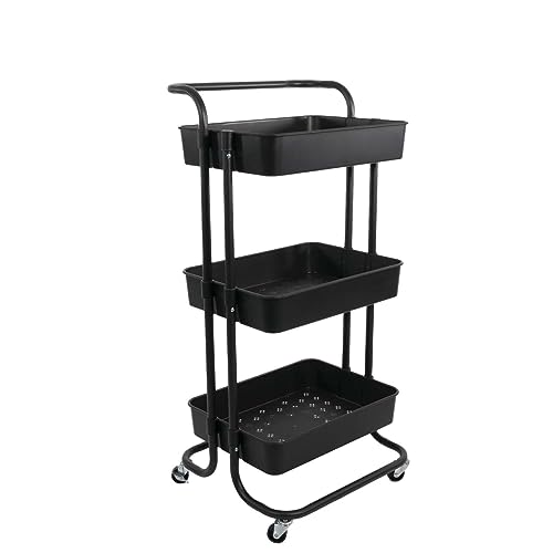 Intirilife Rollwagen mit 3 Ebenen in Schwarz - 42 x 37 x 85.5 cm - Servierwagen mit Griff Aufbewahrungswagen für Küche Bad Büro etc. von INTIRILIFE