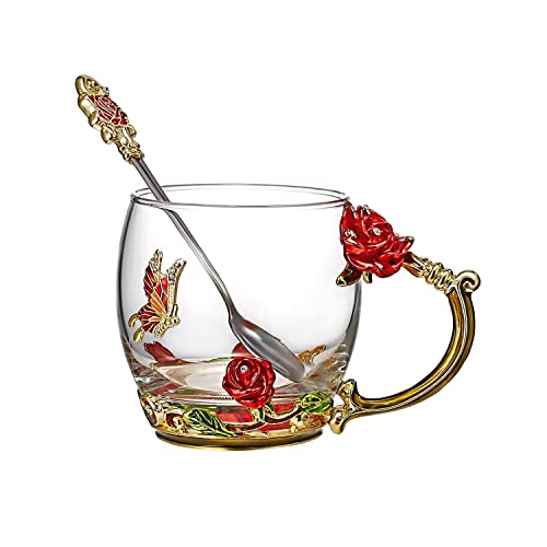 INTIRILIFE Schmetterling Teetasse Blumentasse Kaffeetasse 250 ml aus hitzebeständigem Glas Set mit Löffel in Gold - Rot - Lila - handgefertigt von INTIRILIFE