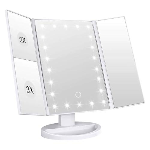 Intirilife Schminkspiegel mit 22 LED Beleuchtung und USB Kabel zum Aufladen in Weiß -3 Seiten Kosmetikspiegel- 1X/ 2X/ 3X Vergrößerung- Makeup-Spiegel dimmbar, natürliches Licht- Tischspiegel Klappbar von INTIRILIFE