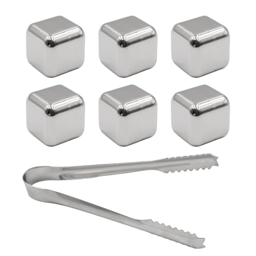 INTIRILIFE Whisky Steine Set in Silber mit Edelstahl Zange -Je 2.5 x 2.5 cm- 6 Stück Wiederverwendbare Edelstahl Eiswürfel mit Aufbewahrungsbox- Whiskey Geschenke für Männer- Kühlsteine Kühlwürfel von INTIRILIFE