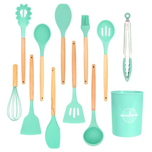 Intirilife 12-teiliges Küchenutensilien Set Küchenhelfer aus Silikon in Grüntürkis - 12.5 x 32.5 cm - Antihaft Hitzebeständiges Kochbesteck mit Löffel Schneebesen Pfannenwender Pinsel Schöpfkelle von INTIRILIFE