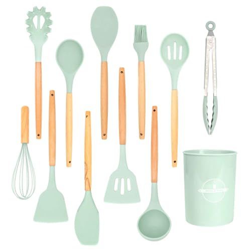 Intirilife 12-teiliges Küchenutensilien Set Küchenhelfer aus Silikon in Mint Grün - 12.5 x 32.5 cm - Antihaft Hitzebeständiges Kochbesteck mit Zange Schneebesen Pfannenwender Pinsel Schöpfkelle von INTIRILIFE