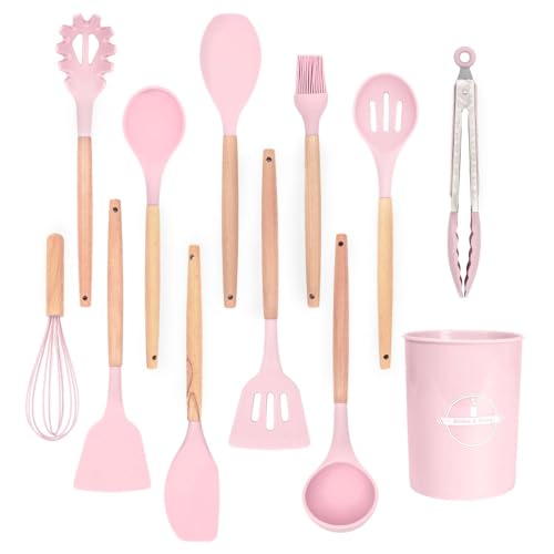 Intirilife 12-teiliges Küchenutensilien Set Küchenhelfer aus Silikon in Rosa - 12.5 x 32.5 cm - Antihaft Hitzebeständiges Kochbesteck mit Zange Schneebesen Pfannenwender Pinsel Schöpfkelle von INTIRILIFE