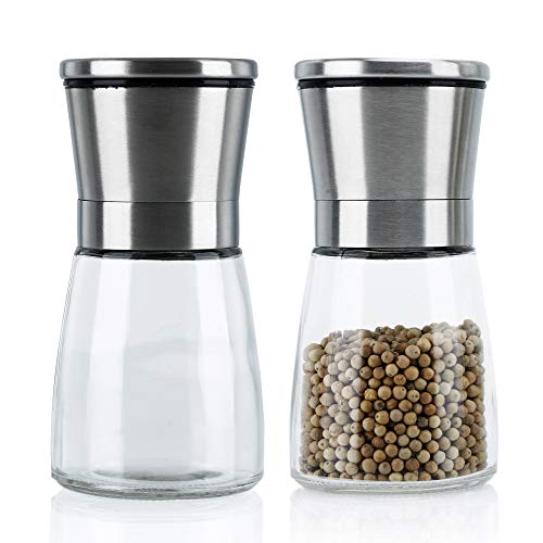 INTIRILIFE 2er Set Gewürzmühle in Silber TRANSPARENT - 13.5 x 6.5 cm - 2X Grinder Handmühle aus Glas und Edelstahl für die Küche perfekt geeignet zum Mahlen und Zerkleinern von Pfeffer Salz Gewürzen von INTIRILIFE